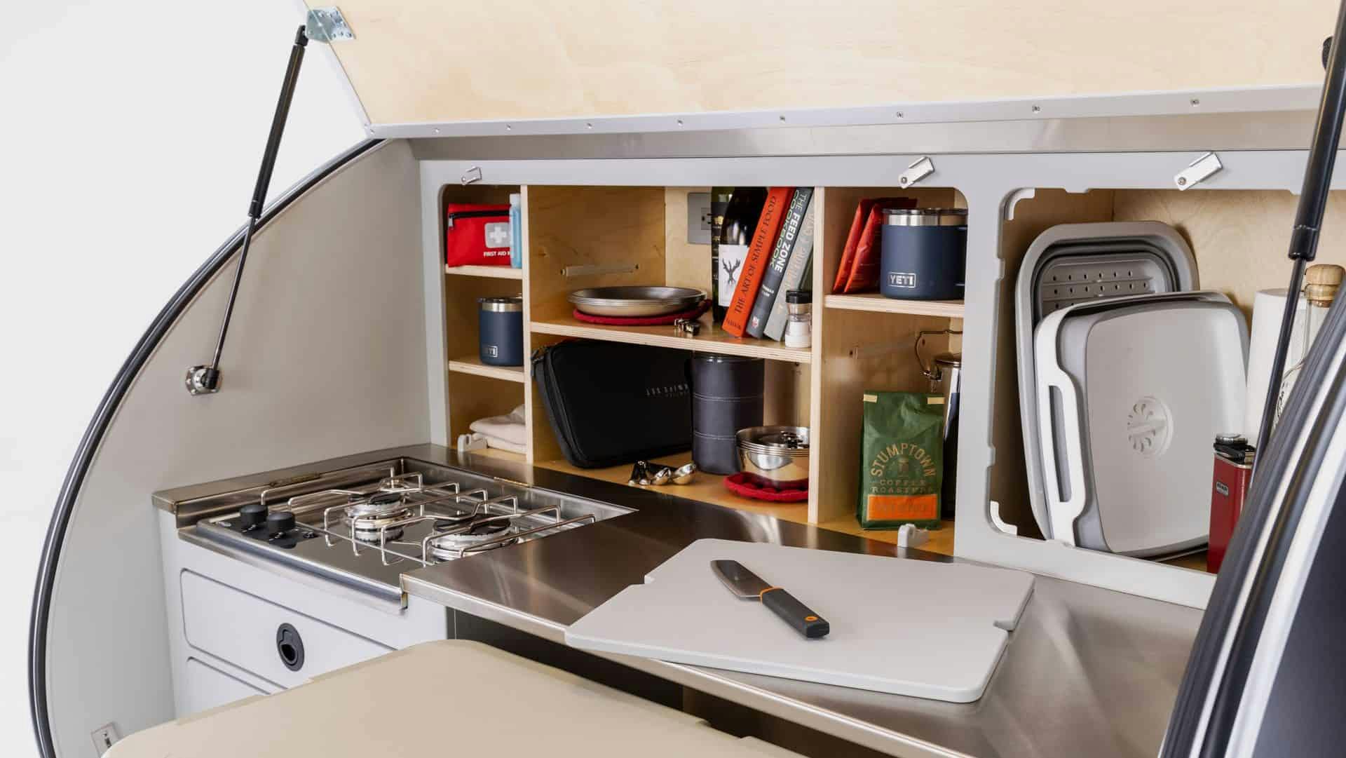 Interior of a teardrop camper kitchen.