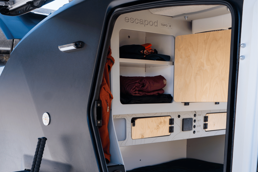 The top of the TOPO2 mudroom and cabin storage, displaying the storage of clothes in the cabin of the TOPO2.