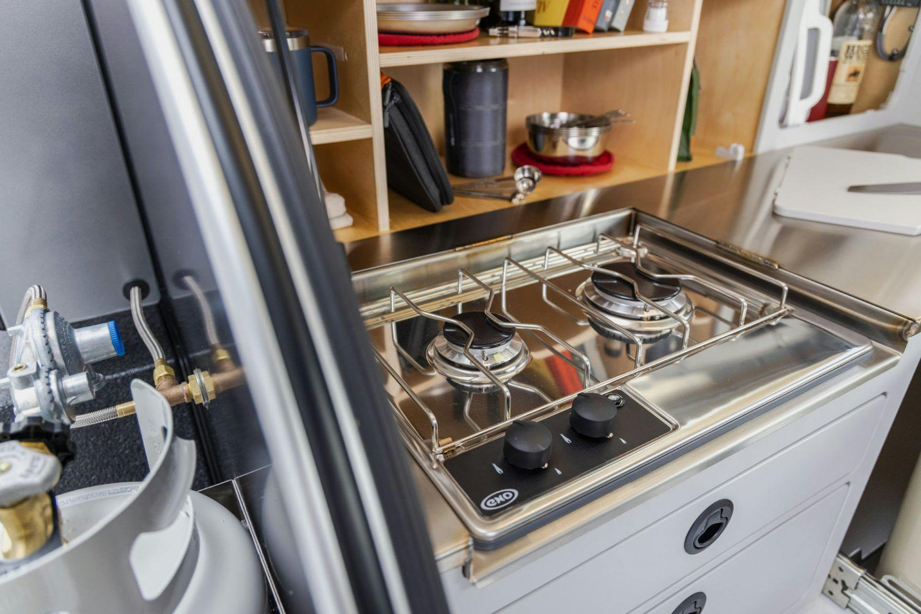 A beautiful camp kitchen in a teardrop camper.