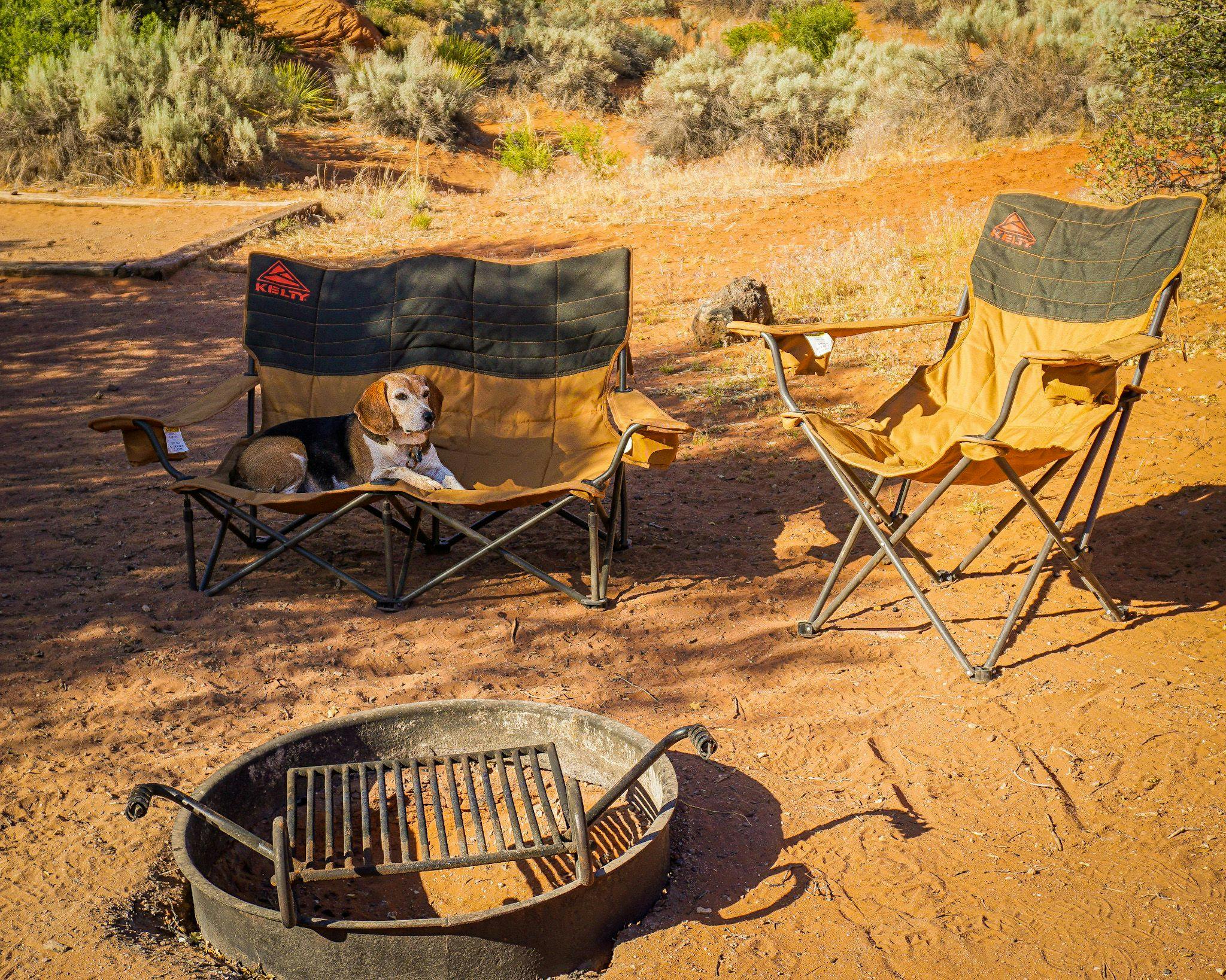 A cozy scene around a fireplace showing two camp chairs set ups, one with a dog resting in it.