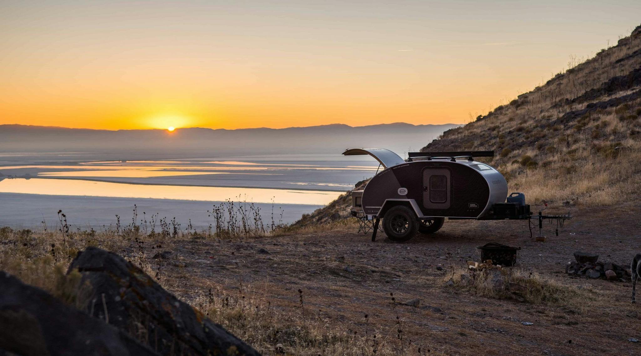 A teardrop trailer parked at Stansbury Island (Bureau of Land Management)