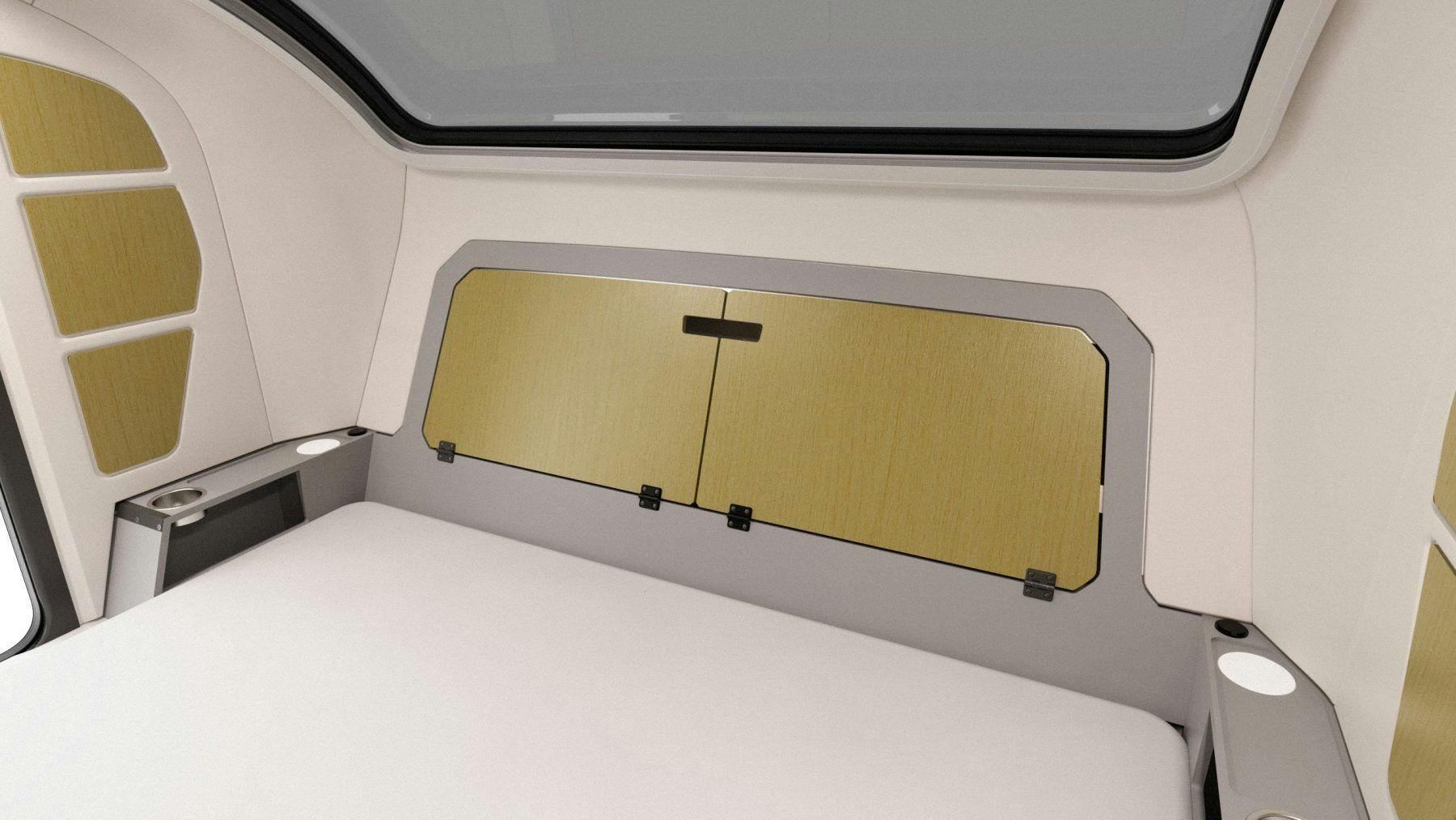 Rendering of the interior of the TOPO2 displaying a queen sized bed, headboard storage, a stargazer window, and nightstands.